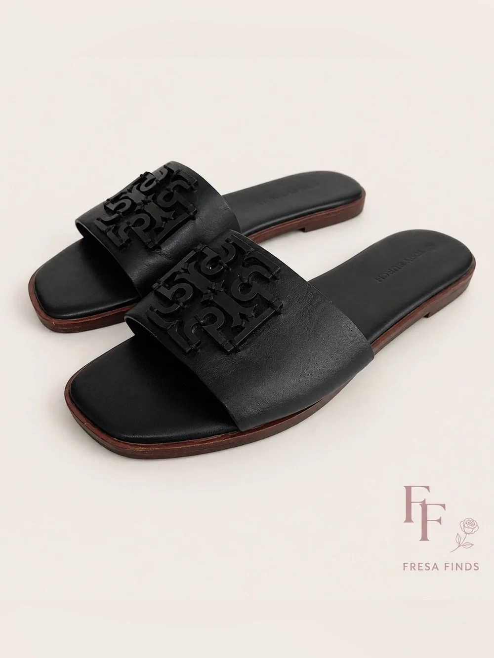 Tory Burch Ines Slide Sandals Black Leather Double T Logo Slides Size 8.5